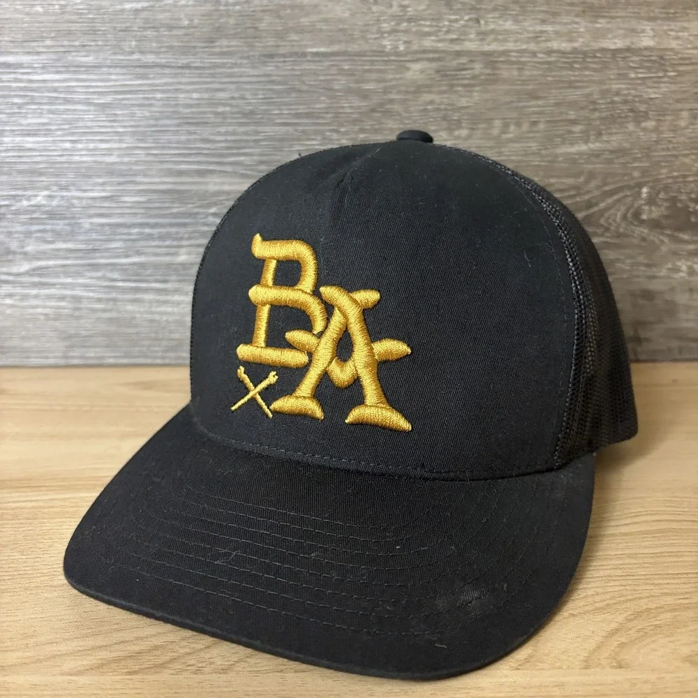 BA Hat Cap Snap Back Black Gold Trucker Mesh Embroidered Mens